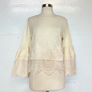 Bohemian Lace Hem Bell Sleeves Top Shirt Ivory Cream Off White